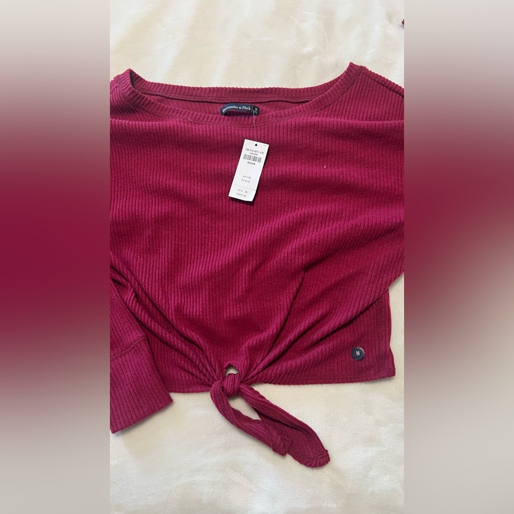 Burgundy Ribbed Tie-Front Cropped Top